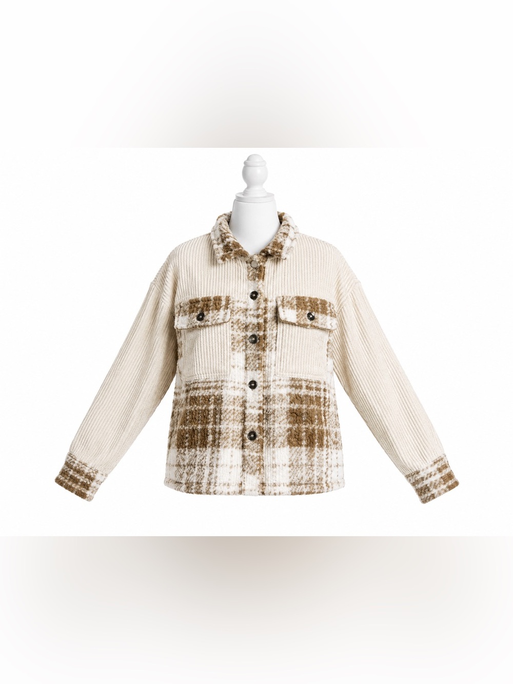 NWT Mystree Cream Tan Plaid Faux Fur Corduroy Shacket Jacket Medium